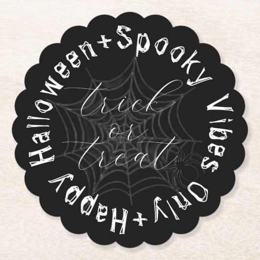 Zwart-wit Spider Web Modern Happy Halloween Kartonnen Onderzetters (Voorkant)
