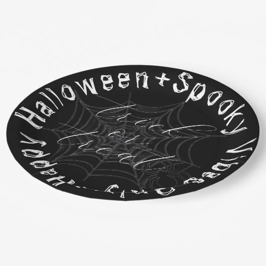 Zwart-wit Spider Web Modern Happy Halloween Papieren Bordje (Gekanteld)
