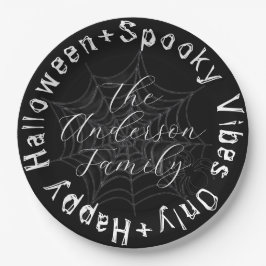 Zwart-wit Spider Web Modern Happy Halloween Papieren Bordje