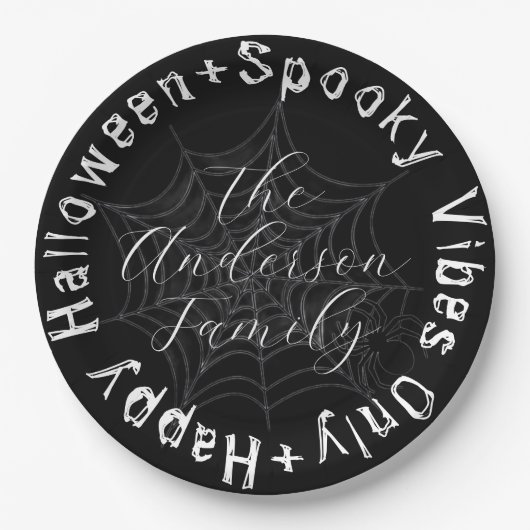 Zwart-wit Spider Web Modern Happy Halloween Papieren Bordje (Voorkant)
