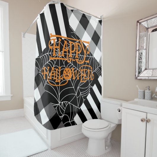 Zwart & Wit Spiderweb Patchwork Halloween Douchegordijn (In situ)