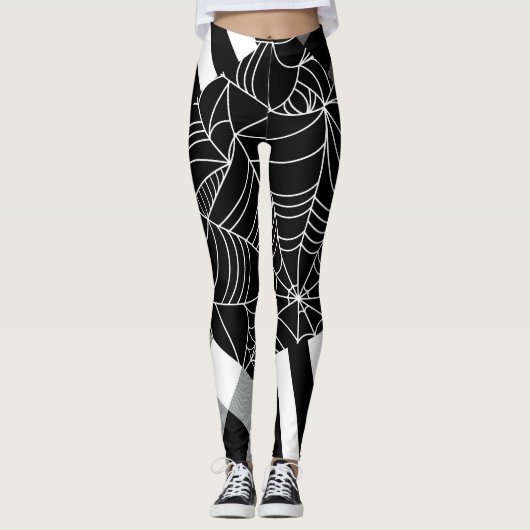 Zwart & Wit Spiderweb Patchwork Halloween Leggings (Voorkant)