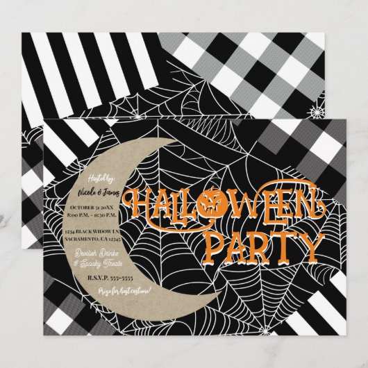 Zwart & Wit Spiderweb Patchwork Halloween Party Kaart (Voorkant / Achterkant)