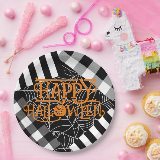Zwart & Wit Spiderweb Patchwork Halloween Party Papieren Bordje (Feest)