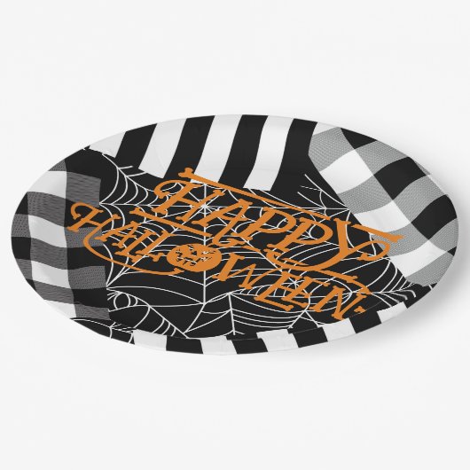 Zwart & Wit Spiderweb Patchwork Halloween Party Papieren Bordje (Gekanteld)