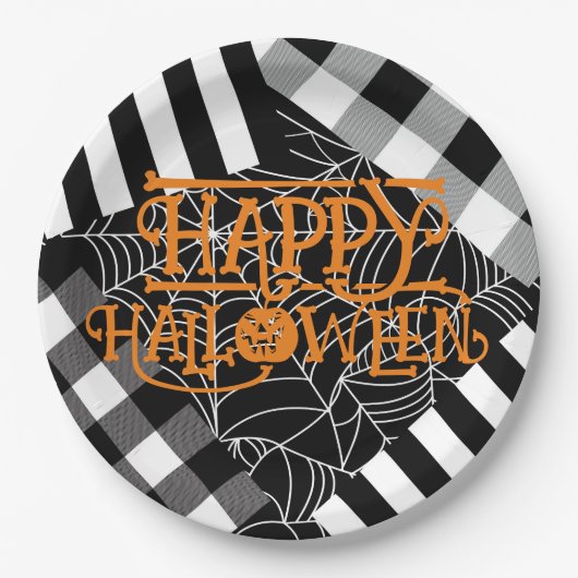 Zwart & Wit Spiderweb Patchwork Halloween Party Papieren Bordje (Voorkant)