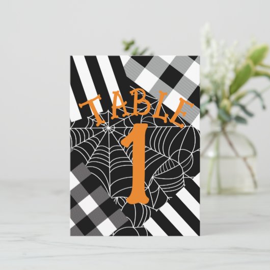 Zwart & Wit Spiderweb Patchwork Halloween Tafel Kaart (Staand voorkant)