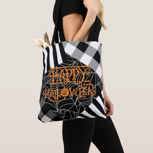 Zwart & Wit Spiderweb Patchwork Halloween Tote Bag (Dichtbij)