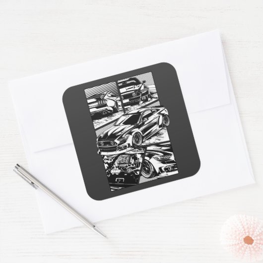 ZWART-WIT SPIERWOEDE VIERKANTE STICKER (Envelop)