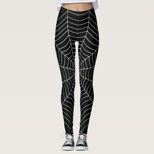 Zwart wit spinnenweb Halloween patroon Leggings (Voorkant)