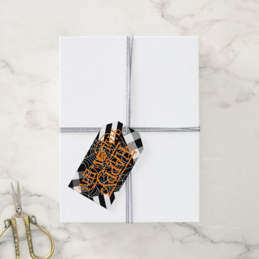 Zwart & Wit Spinnenweb Patchwork Halloween Feestje Cadeaulabel (Met Touw)
