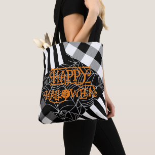Zwart & wit spinnenweb patchwork Halloween Tote Bag