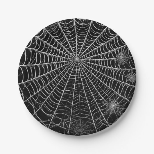 Zwart & Wit Spinnenwebben Spinnenweb Halloween Papieren Bordje (Voorkant)