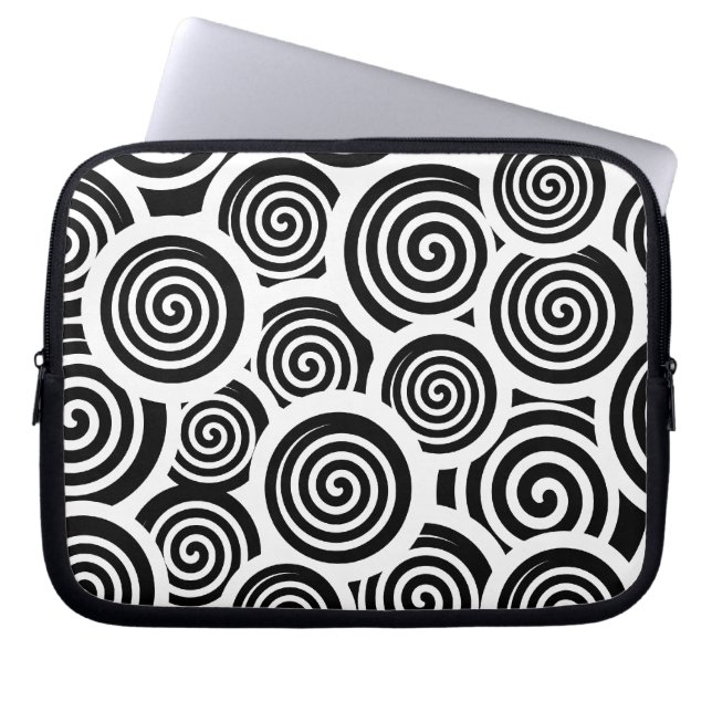 Zwart-wit spiraalvectorpatroon laptop sleeve (Voorkant)