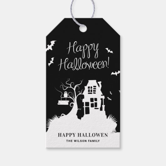 Zwart-Wit Spokenhuis Halloweenfeest Cadeaulabel (Voorkant)