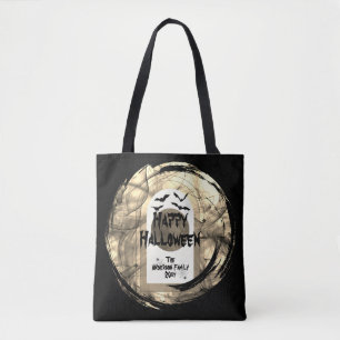 Zwart-wit Spoky Bats Moon Happy Halloween Tote Bag
