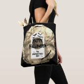 Zwart-wit Spoky Bats Moon Happy Halloween Tote Bag (Dichtbij)