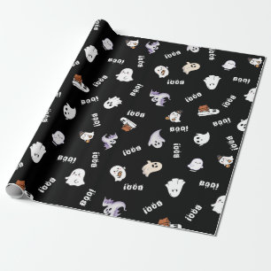 Zwart-wit spook- en boe-naadloos patroon. cadeaupapier