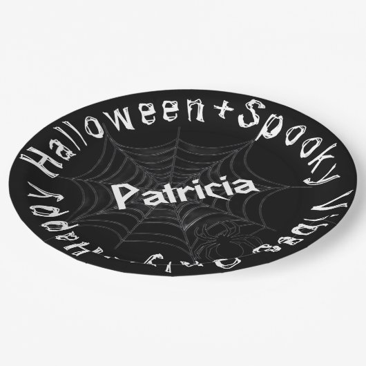 Zwart-wit Spooky Modern Happy Halloween Papieren Bordje (Gekanteld)