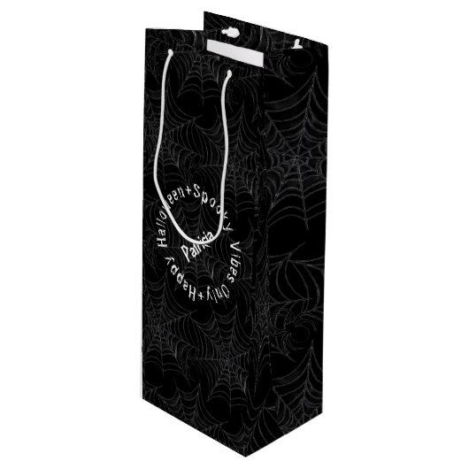 Zwart-wit Spooky Modern Happy Halloween Wijn Cadeautas (Voorkant Gekanteld)