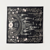 Zwart-wit sprookjesachtige kasteelillustratie wandkleed (Voorkant (horizontaal))