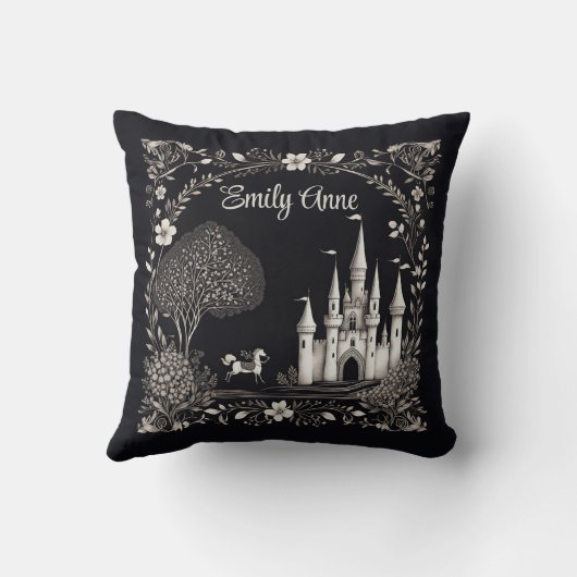 Zwart-wit sprookjeskasteel met paard kussen (Achterkant)