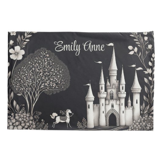 Zwart-wit sprookjeskasteel met paard kussensloop (Achterkant)