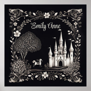 Zwart-wit sprookjeskasteel met paard poster