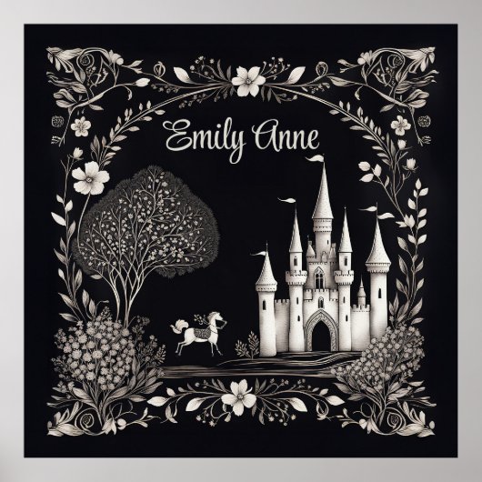 Zwart-wit sprookjeskasteel met paard poster (Voorkant)