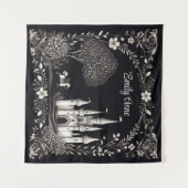 Zwart-Wit Sprookjeskasteel met Paard Wandkleed (Voorkant (horizontaal))