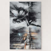 Zwart wit stadsleven surrealistische sprookjesstad legpuzzel (Verticaal)