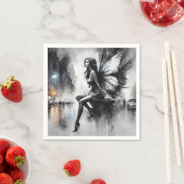 Zwart wit stadsleven surrealistische sprookjesstad servet