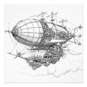  Zwart Wit Steampunk Zeppelin Tekening Foto Afdruk
