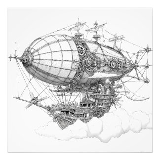 Zwart Wit Steampunk Zeppelin Tekening Foto Afdruk