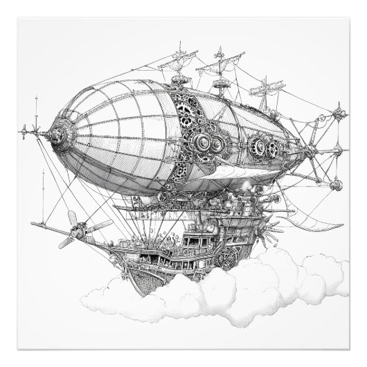  Zwart Wit Steampunk Zeppelin Tekening Foto Afdruk (Voorkant)