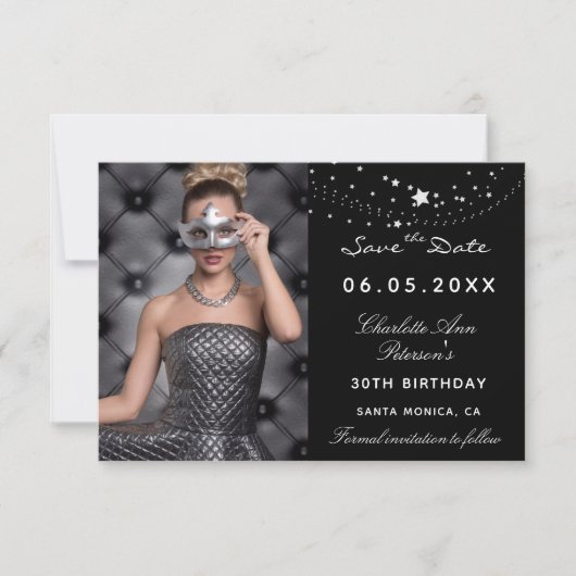 Zwart-wit sterren foto elegante verjaardagsfeestje save the date (Voorkant)