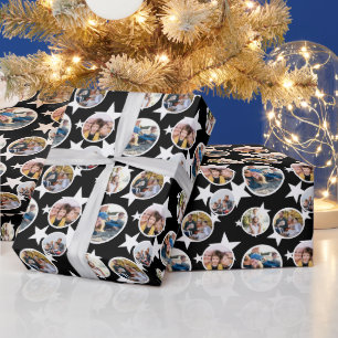 Zwart Wit Sterren Strepen Rond Foto's Kerstmis Cadeaupapier