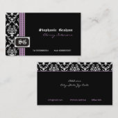 Zwart wit stijlvol damast monogram visitekaartje (Voorkant / Achterkant)