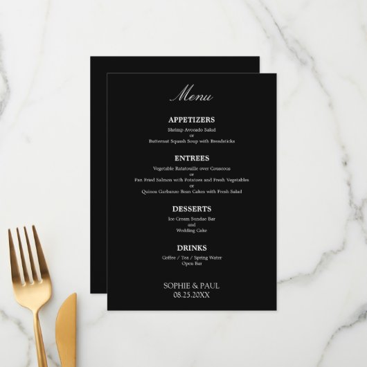 Zwart Wit Stijlvol Elegant Bruiloft Menu (Voorkant / Achterkant in situ)
