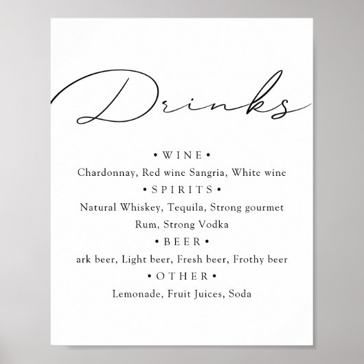 Zwart wit. Stijlvol kalligrafie huwelijksmenu bar Poster (Voorkant)