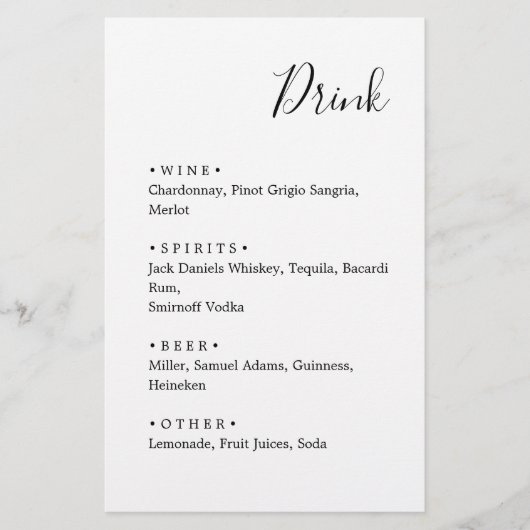 Zwart-wit. Stijlvol minimalistisch trouwmenu (Voorkant)