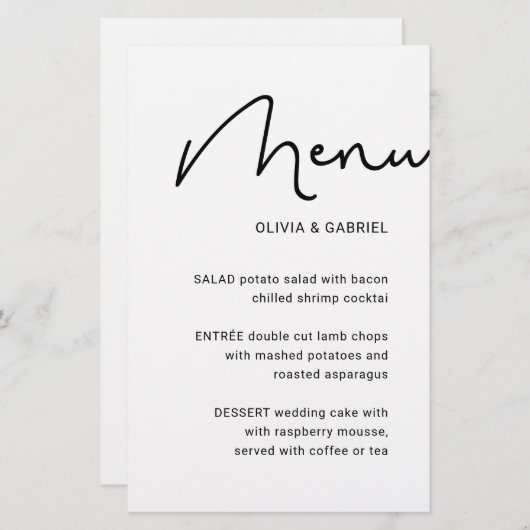 Zwart wit stijlvol script minimalistisch trouwmenu (Voorkant / Achterkant)