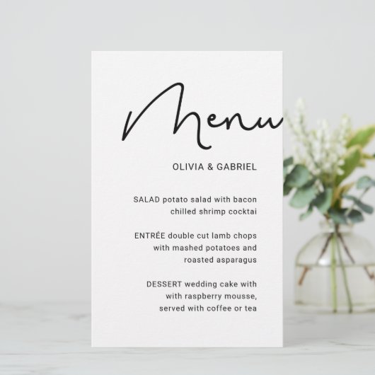 Zwart wit stijlvol script minimalistisch trouwmenu (Staand voorkant)