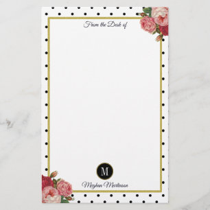 Zwart Wit Stippen  Bloemen Monogram Naam Briefpapier