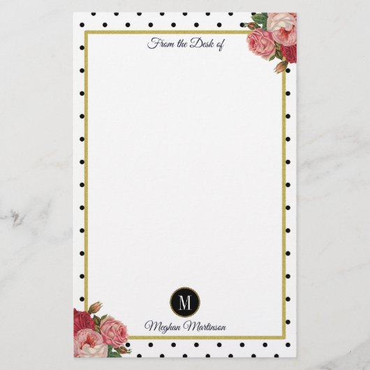 Zwart Wit Stippen  Bloemen Monogram Naam Briefpapier (Voorkant)