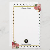 Zwart Wit Stippen  Bloemen Monogram Naam Briefpapier (Voorkant / Achterkant)