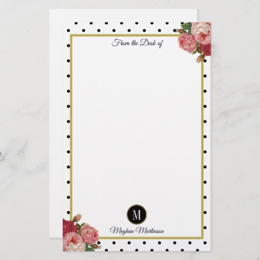 Zwart Wit Stippen  Bloemen Monogram Naam Briefpapier (Voorkant / Achterkant)
