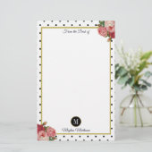 Zwart Wit Stippen  Bloemen Monogram Naam Briefpapier (Staand voorkant)