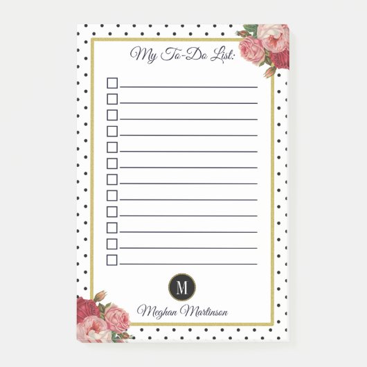 Zwart Wit Stippen Bloemen Monogram Naam Te Doen Li Post-it® Notes (Voorkant)
