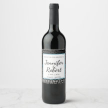Zwart Wit Stippen en Damask Wedding Wine Label